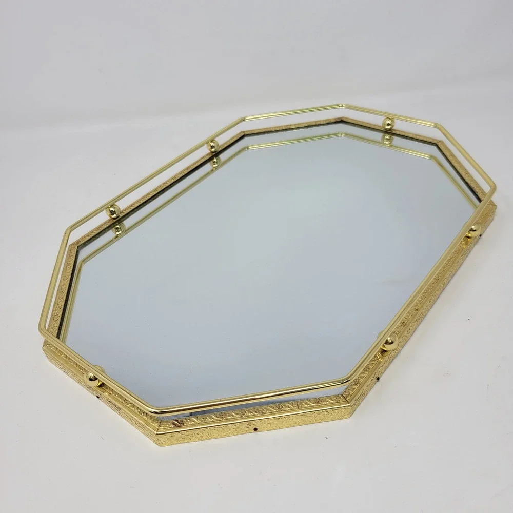 Vintage Gold Brass Octagon Mirrored Vanity Tray Hollywood Regency Filigree 13x9